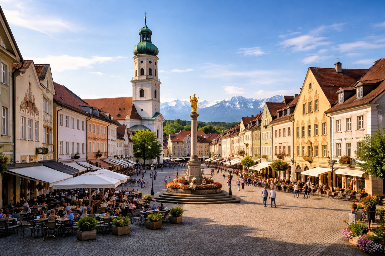 Weilheimer Altstadt mit Marienplatz und Blick auf die Alpen